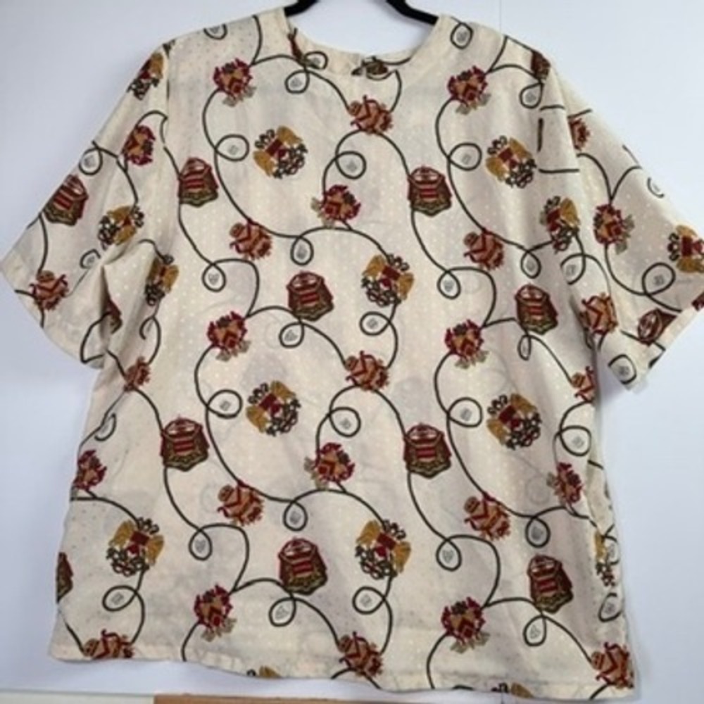 Esthere Marlis Vintage Crest Chain Print Blouse Cream Short Sleeve 18W USA